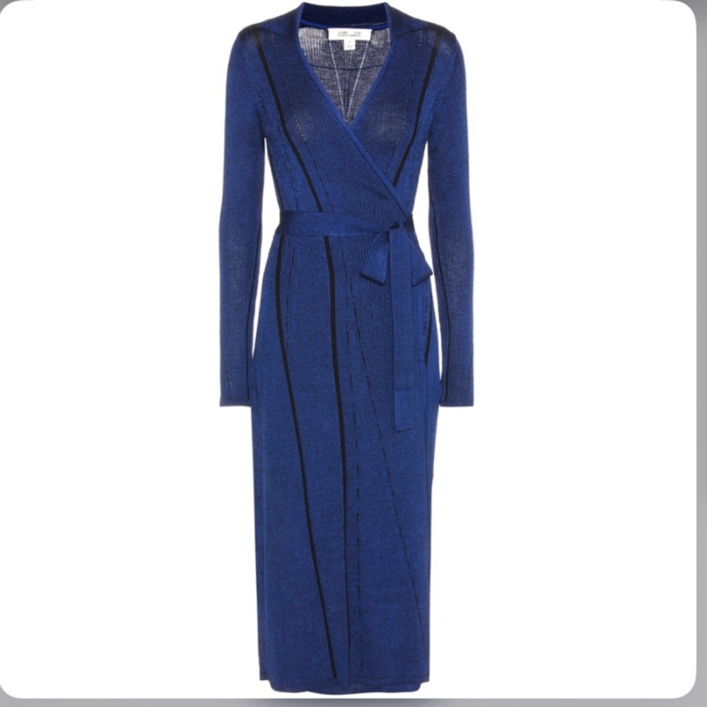 Diane Von Furstenberg Blue MIDI Transfer Rib long sleeve Wrap dress L
